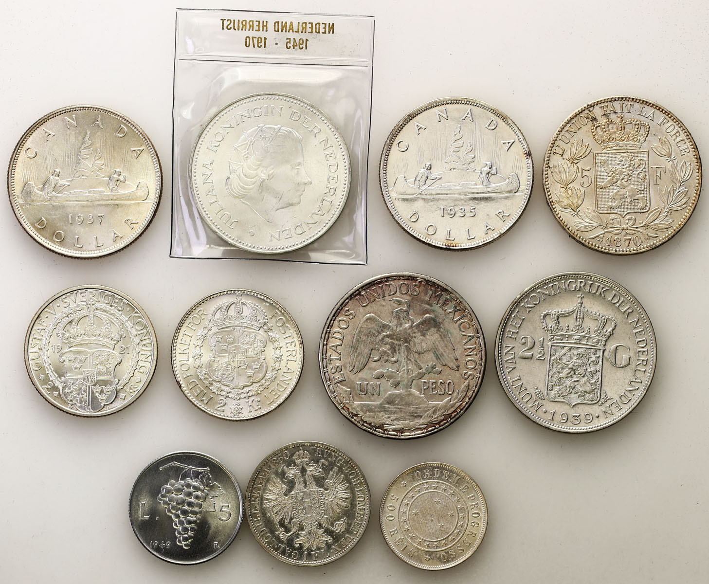 Świat – Austria, Belgia, Kanada, Szwecja, Holandia, Brazylia, Meksyk, Włochy,  zestaw 11 monet, srebro